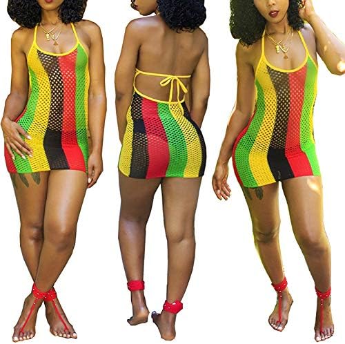 ECHOINE Womens Spaghetti Strap Colorful Stripe Fishnet Cover up Dress Bikinis Swimwear S XXL