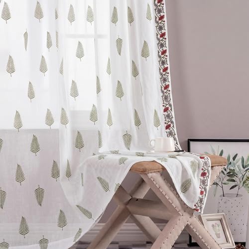 Image of LINENWALAS Decorative Cotton Linen Sheer Curtains 7 Feet for Door -Block Printed Door Curtain | Grommet Hanging Style Pack of 2 Panels |Light Filtering Sheer Drapes (Fern)
