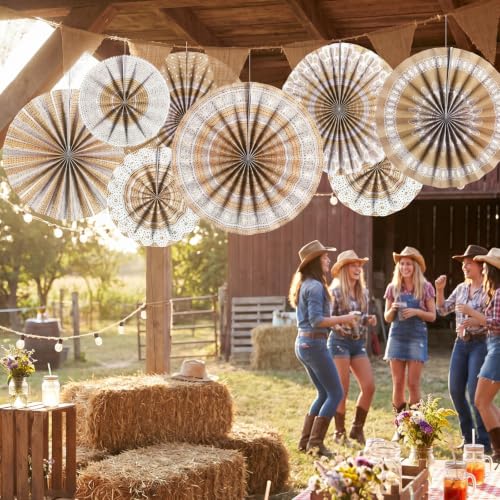 Image of 18 Pack Burlap Hanging Paper Fans Decorations, Vintage Folding Paper Fan Set with 9 Rustic Designs for Classroom Bulletin Board, Back to School, Birthday, Baby Shower, Western Party Decor