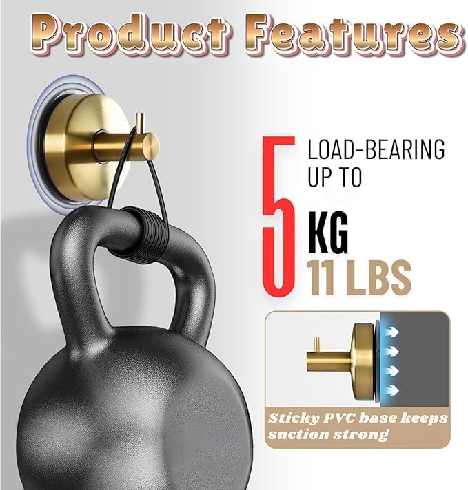 Suction Cup Hooks for Shower, Bathroom, Kitchen, Glass Door - Heavy Duty Gold Stainless Steel Towel Holder - Waterproof, No-Drill, 5kg Capacity (4-Pack)