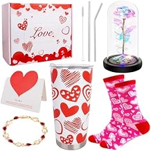 Valentines Day Gift Ensemble, 8 PCS Romantic Gift Set Includes 20 oz Stainless Steel Tumbler with Lid Straw Brush Simulation Rose Flower Socks Bracelet Thanks Card Gift Box