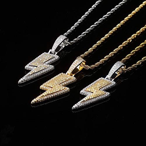 KMASAL Jewelry Iced Out Lightning Pendant Necklace 18K Gold Plated Bling CZ Simulated Diamond Hip Hop Rapper Chain Necklace for Men Women2