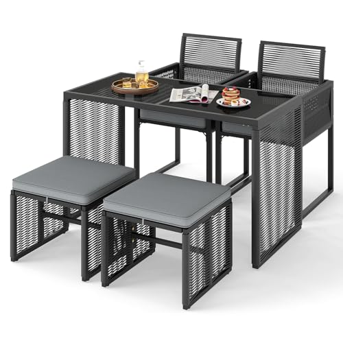 GIANTEX Rattan Gartenmöbel Set, Balkonmöbel Kleiner Balkon, Balkonmöbel Set 2 Stühle mit Hocker, Terrassenmöbel Outdoor Sitzgruppe, Balkonset 4 Personen, Balkon Möbel klein Platzsparend, inkl. Kissen
