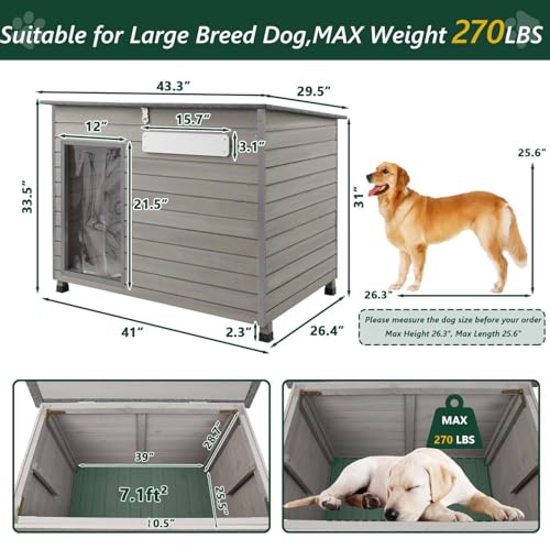 Petscosset 43.3 Inch L Dog House Outdoor For Large Breeds Dogs Anti Chewing Iron Frames Dog Kennel Wooden Pet Houses For Indoor Outdoor With Weatherproof Roof,6 Elevated Feet thumb #5