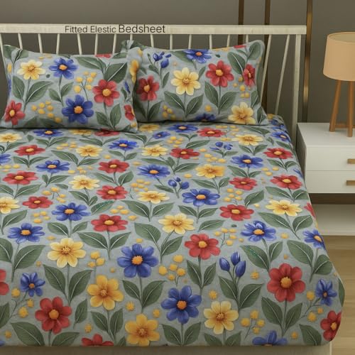 Image of RUMPS 380 TC Premium Heavy Cotton 7D Print Fast Colour Feel Elastic Fitted Floral Bedsheet King Size with 2 Pillow Covers || (Blue Muti, Fitted - 72 inchx78 inch King)
