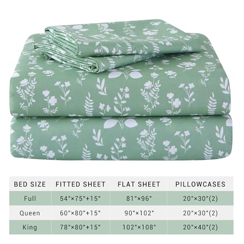 Image of Viviland Sage Green Twin Sheet Set - 4 Piece Vintage Green Flower Patterned Bed Sheets - Soft, Breathable Microfiber Floral Sheets with Deep Pocket, Non-Slip Fitted Sheets & Pillowcases