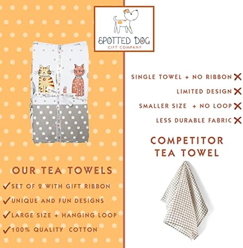 SPOTTED DOG GIFT COMPANY - Tea Towels, 100% Cotton, 50cm x 70cm, Pack of 2 Home Kitchen Towel with Hanging Loop, Cat Themed, Gift Women Men