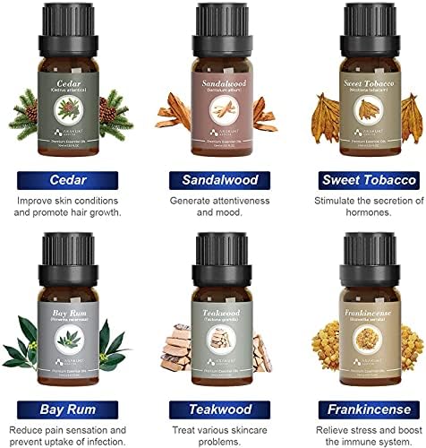 ASAKUKI Essential Oils Men's Gifts Set of 6 Premium Fragrance Oils - Frankincense, Sandalwood, Cedarwood, Teakwood, Sweet Tobacco, Bay Rum