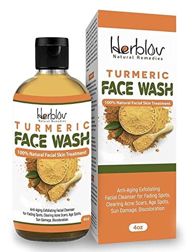 Herblov Turmeric Face Wash, 4oz Turmeric Clear Skin Liquid Soap – 100% Natural Anti Aging Exfoliating Turmeric Facial Cleanser for Spots, Clearing Acne Scars, Age Spots, Sun Damage, Discoloration – Turmeric Soap Skin Detox Made in USA