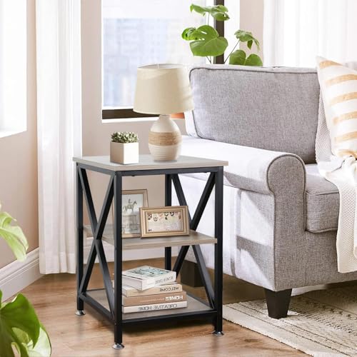 Image of TooCust Square End Table with Storage Shelf, 16 inch D X 16 inch W X 24 inch H, 3-Tier End Table Living Room, Rustic Brown End Tables, X-Shaped Night Stand for Bedroom, Farmhouse Wood End Tables, Grey