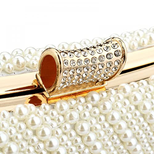 Tmore Women Pearl Clutch Purse Beaded Bride Evening Handbag for Wedding Prom with Chain, White, One Size - Image 6