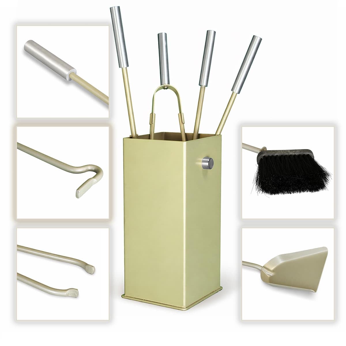 MS Beschläge Kaminbesteck Taupe modern 5-teilig - Kamingarnitur massiv Stahl pulverbeschichtet - Ofenbesteck mit eckigem Behälter & Edelstahl Griffstücke - elegantes Design Kamin-Set Kaminzubehör