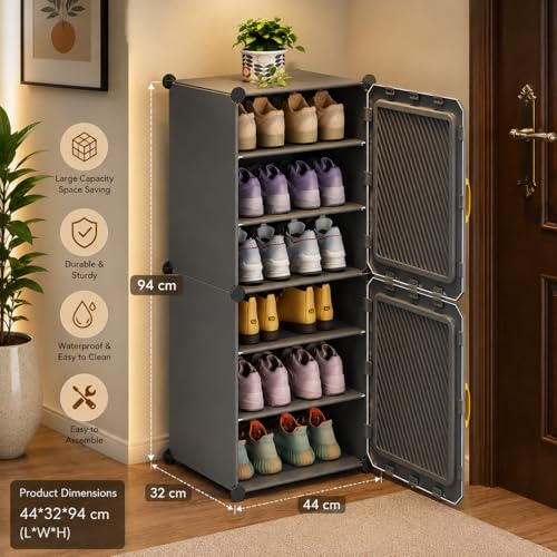 Image of LUVHOMEE Plastic Shoe Rack for Home with Door, 3-Door Shoe Storage Cabinet | 6-Shelfs for 12 Pairs | Waterproof & Portable DIY Shoe Slipper & Chappal Stand for Entryway /Bedroom (Grey-HS1-6)