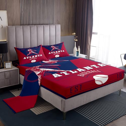 Feelyou Baseball Bed Sheets Set King Size Atlanta Bed Set Baseball City Deep Pocket Fitted Sheet Sports Game Breathable Soft Lightweight Microfiber