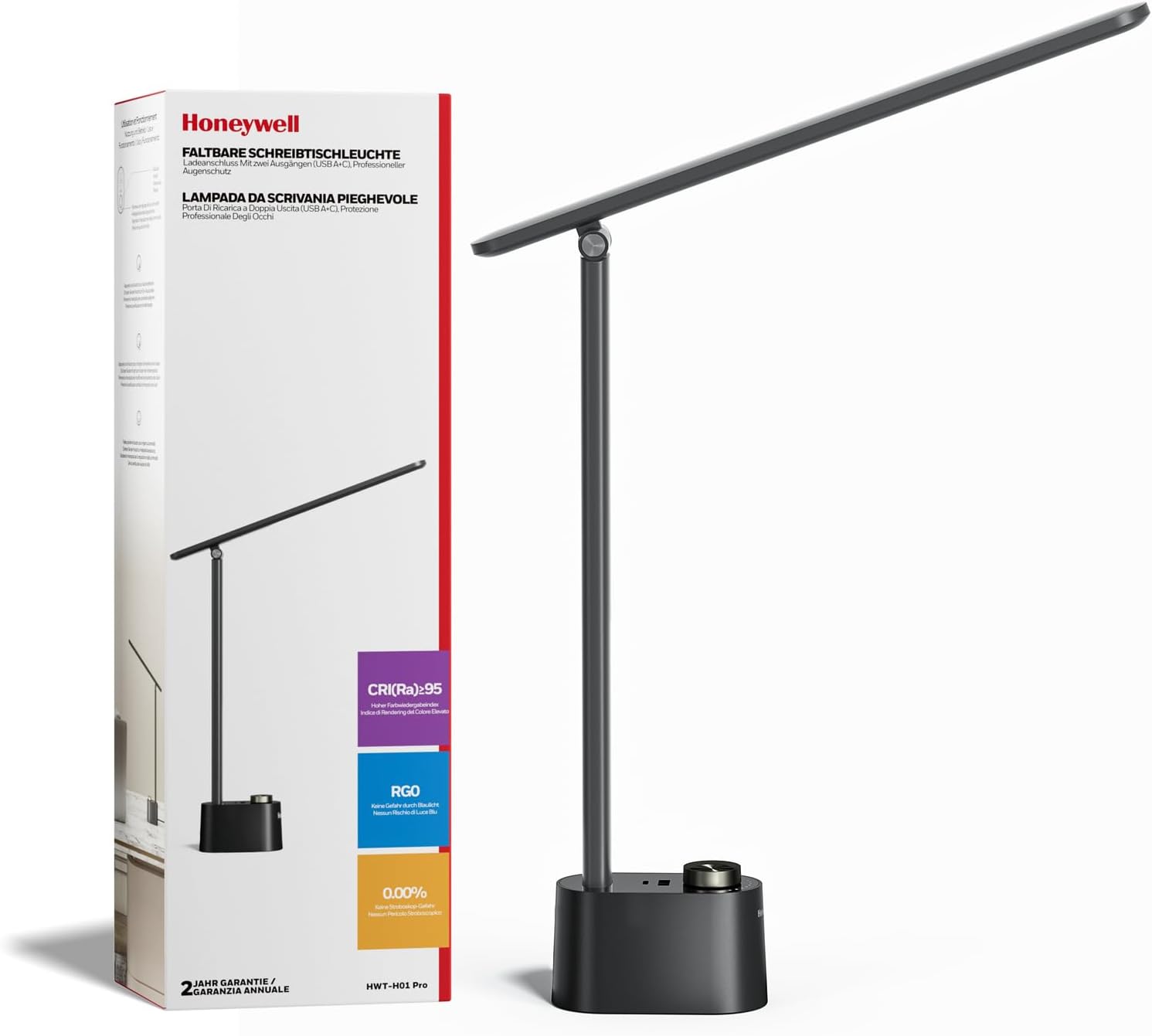 Honeywell LED Desk Lamp - H01 Pro Sunturalux™ Foldable Desk Lamp with USB A+C Charging Port, Dimmable in 3 Color Modes, for Home Office (Dark)