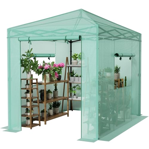 Greesum 8x6 FT Portable Pop-up Greenhouse with Center Lock PE Cover Zippered Door and 2 Roll-up Windows Easy Assemble(Green)