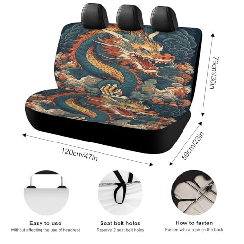 Funda de asiento trasero para coche, camión y SUV con diseño duradero de dragón retro suave 2