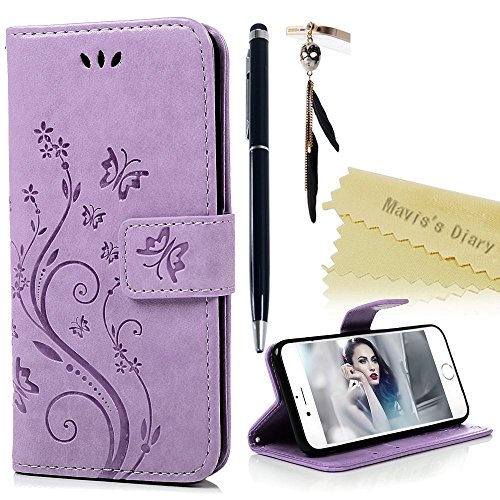 iPhone 6 6s Funda Libro de Suave PU Leather Cuero Impresión - Mavis's Diaryu00ae Case Con Flip case cover,Cierre Magnético,Función de Soporte,Billetera con Tapa para Tarjetas-Diseño de Mariposa y flor de la vid,Color de Púrpura claro