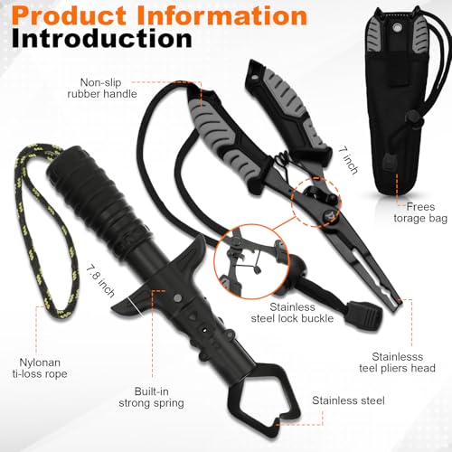 Ceenna 14 Pcs Fishing Tool Kit, Fishing Pliers, Retractable Landing Net, Lip Gripper, Fillet Knife, Digital Scale, Hook Remover, Scaler, Braid Scissors, Sharpener, Tool Retractor Accessories(Black) - Thumbnail 4