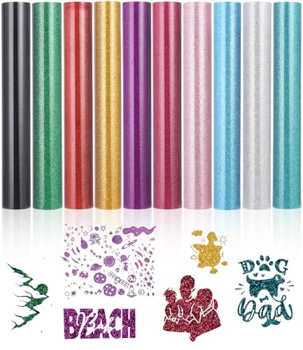 Hixava Hojas de Vinilo Termoadhesivas 10 Colores Glitter Vinilo Textil de Transferencia de Calor PU Flex Foil Plotter Textil 30,5 cm × 21 cm para DIY Camisetas Bolso Gorros Ropa