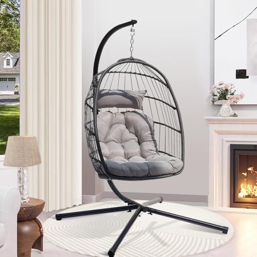 Lishetimig Hanging Egg Chair with Stand, Outdoor Indoor Swing Chairs, Rattan Foldable Hammock Chair Include Comfortable Cushion Headrest, 350LBS Capacity for Patio, Garden, Bedroom, Balcony (Grey)