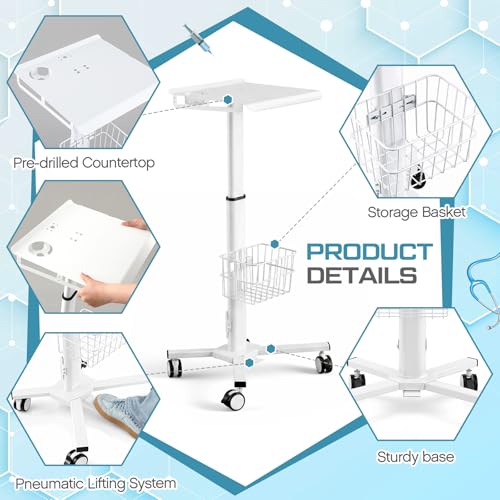 Image of 15.8 inch x 15.2 inch Medical Laptop Workstation Trolley Cart with Wheels Height Adjustable Medical Cart with Storage Basket Load for Dental Clinic, Home Office, Salon Hospital, Lab Use (Heavy Duty)