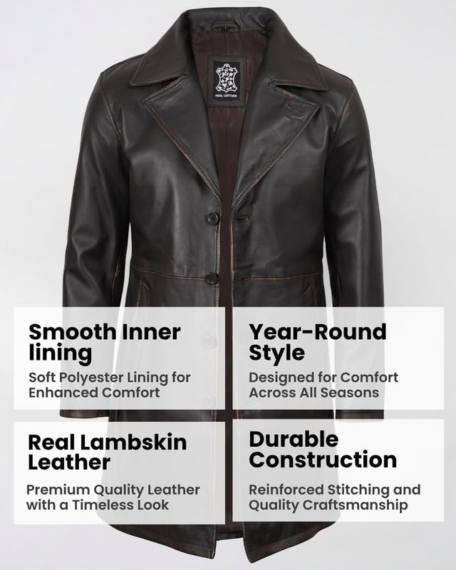 Image of Blingsoul Men's Leather Car Coat - Genuine Lambskin Long Leather Jacket for Men, Real Leather Coat with Lapel Collar