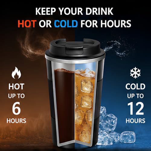 Image of Travel Coffee Mug | Stainless Steel Coffee Mug with Leakproof Lid | Thermal Coffee Cup for Hot & Cold Drinks | Spill Proof Reusable Travel Mug for Office, Car, Home & Travel (Black) - 510 ML