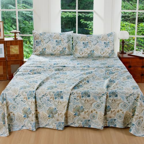 Image of FADFAY Twin XL Sheets Set 4 Piece Blue Paisley College Bedding 100% Egyptian Cotton Dorm Room Bedding, Soft Breathable Dorm Sheets Extra Long with Deep Pocket Luxury Hotel Quality for All Seasons