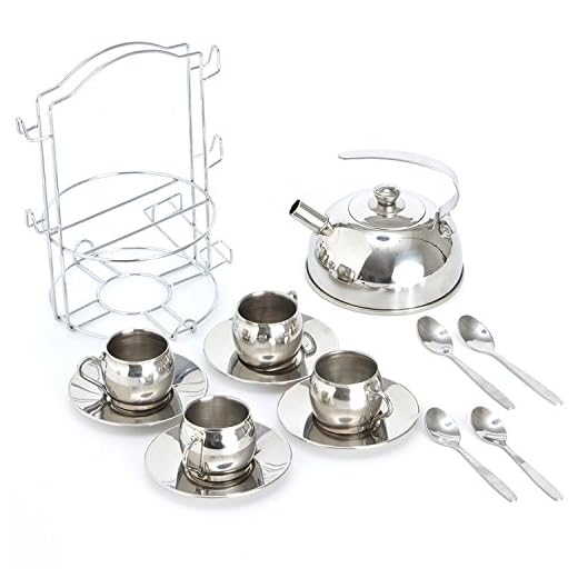 Timy Play Tea Party Set 14pcs for Girls, BPA Free Stainless Steel Teapot Pretend Kitchen Toys
