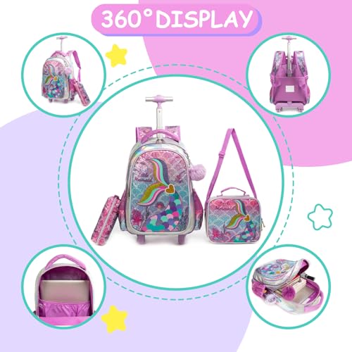 Egchescebo Kids Rolling Mermaids Backpack for Girls Sequins Trolley Suitcases Luggage Travel with Wheels Bookbag Wheeled 17" Roller Backpacks Toddler Back Pack School Bags for Elementary Golden Heart3