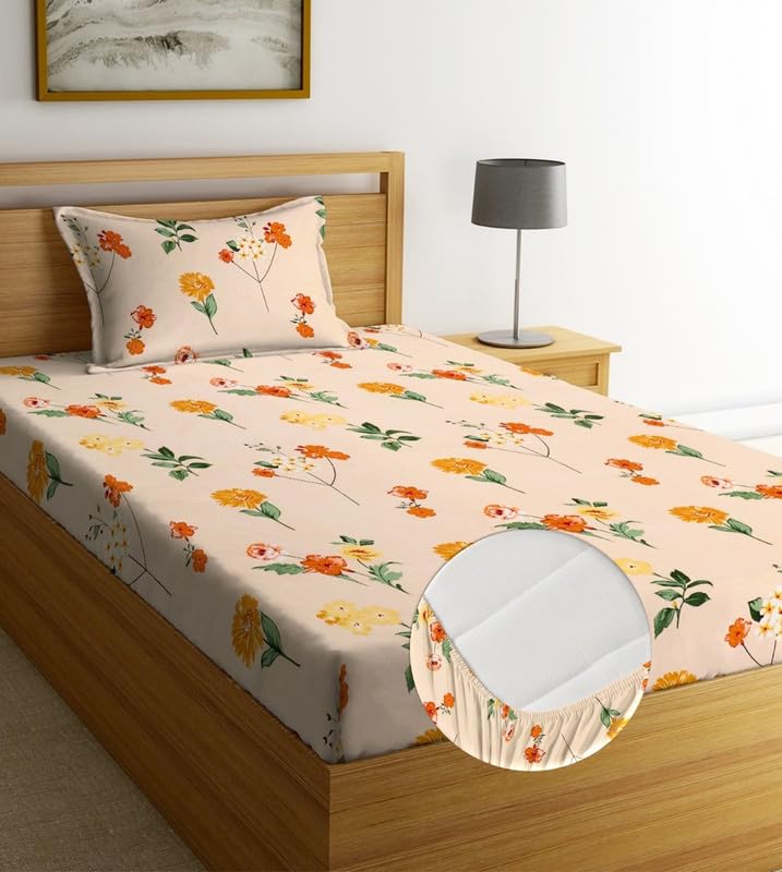 NHD HOME Pure Cotton All Round Elastic Fitted Bedsheets with 1 Pillow Covers | Single Mattress Bed Breathable| Longlasting | Supersoft Size - 36 x 72 + 6 inches (Color-Beige Orange) (B0D5XW34XN) Amazon Price History, Amazon Price Tracker