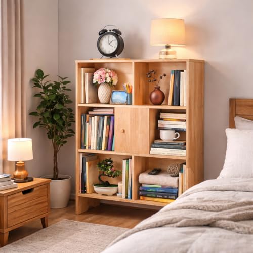 Image of 7 Cube Storage Organizer Wooden Bookshelf, 7 Cube Shelf Bookcase, Small Bookshelf Storage Organizer, 7 Cube Storage Shelf for Bedroom, Small Bookshelf for Living Room and Office (Natural, 7)