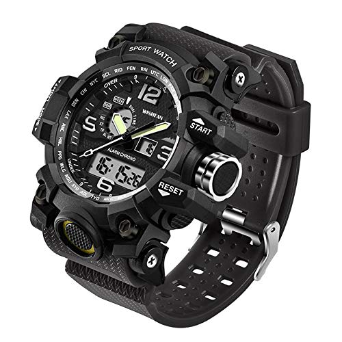 WISHFAN Men’s Military Watch, Dual-Display Waterproof Sports Digital Watch Big Wrist for Men with Alarm (Black)