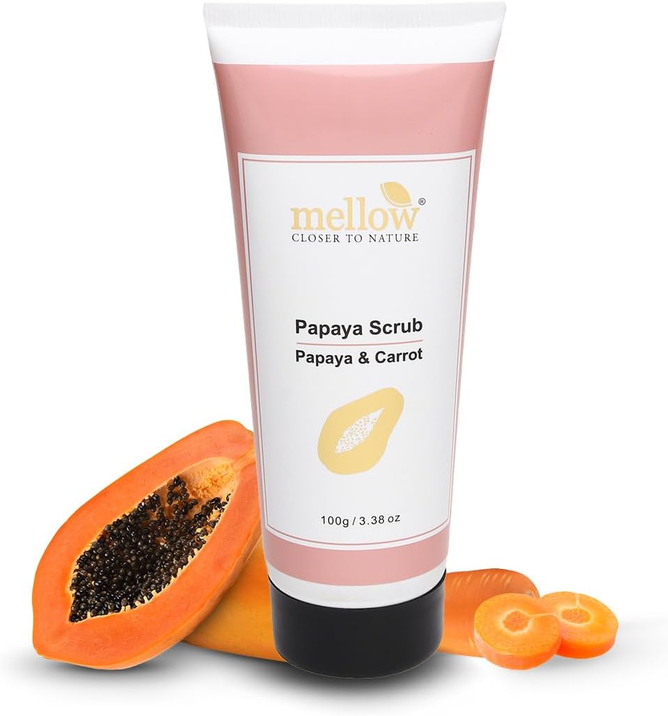 Mellow Herbals Ayurvedic Papaya Face Scrub (100Gm) for Smooth & Vibrant Glow | Helps To Remove Dead Skin cells & Unclog pores | Papaya, Walnut, Lemon & Orange | Ayush Certified | GMO, Paraben and Silicone Free