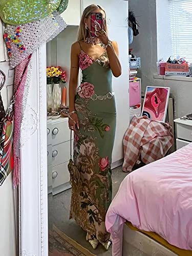 Women Vintage Spaghetti Strap Maxi Dress Sexy Low Cut Backless Floral Satin Slip Long Dress Y2k Cami Bodycon Dresses4