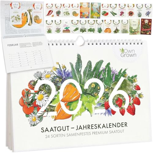 OwnGrown Saatgut Kalender 2026 Wandkalender A4 - Gartenkalender mit 24 Sorten Samen - Monatskalender...
