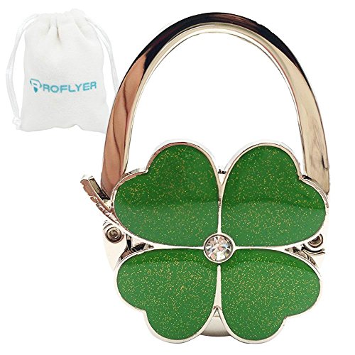 Bolsa de mão dobrável com design de trevo de quatro folhas e gancho de mesa, Verde, Small