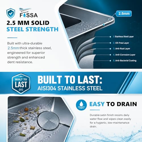 Image of Fossa 40x18x09 Smart Waterfall Piano Kitchen Sink, AISI Premium Stainless Steel, 2.5 mm Collar Thickness, 5-Year Warranty, Double Bowl Sink with LED Display, Black Matte Finish
