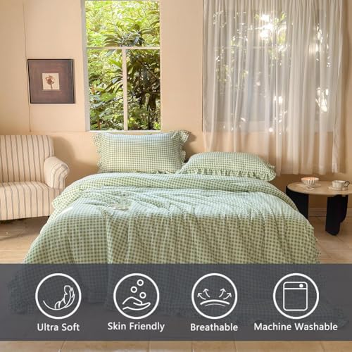 Image of NSNLGSGC Sage Green Ruffle Gingham Comforter Set King, Pre-Washed Ruffled Plaid Checked Comforter Bedding, 3 Pieces Vintage Farmhouse Grid Bedding Set(Green Gingham, King)