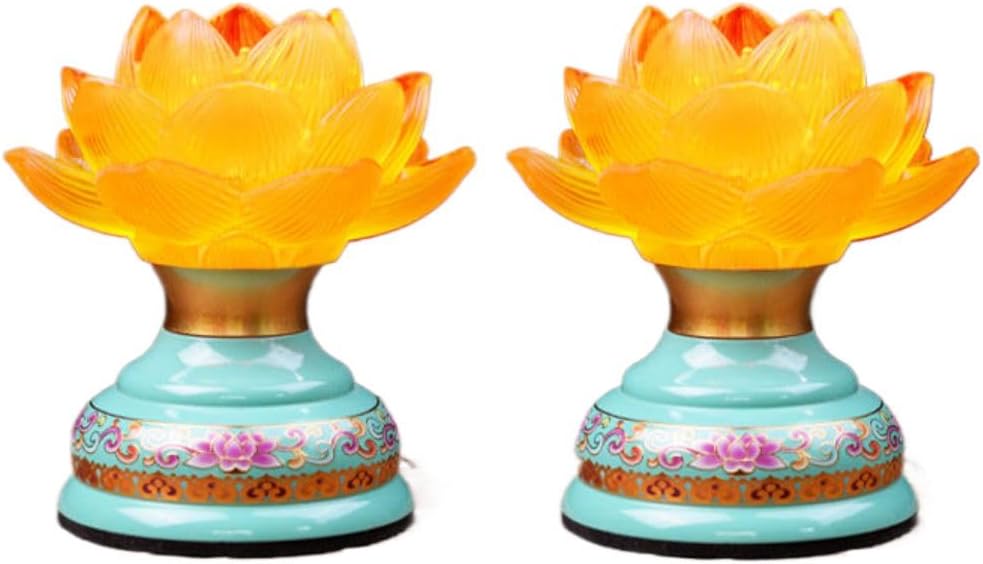 （ 天润蓝*小号*黄光-充插电/一对 高10.9CM ） LED Rechargeable Battery Lotus Lantern Buddha lamp Everlasting lamp Glazed lamp Buddhist Altar Pair Plug in Guanyin lamp in Front of The Buddha