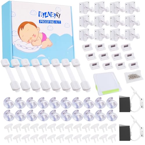 Image of 69 Packs Baby Proofing Kit including 12 Hidden Cabinet Locks, 8 Adjustable Safety Latches, 26 Outlet Covers, 20 Baby Proof Corners, 2 Anti Tip Furniture Anchors Kit and 1 Sliding Glass Door Lock