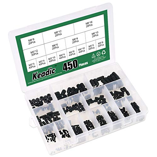 Keadic 450Pcs Set Screws 15 Sizes Cup Point Set Screws Allen Head Hex Socket Head Grub Screws Internal Hex Drive Cup-Point Screw Assortment Kit for Bathroom Fixtures, M3 M4 M5 M6 M8, Metric, Black