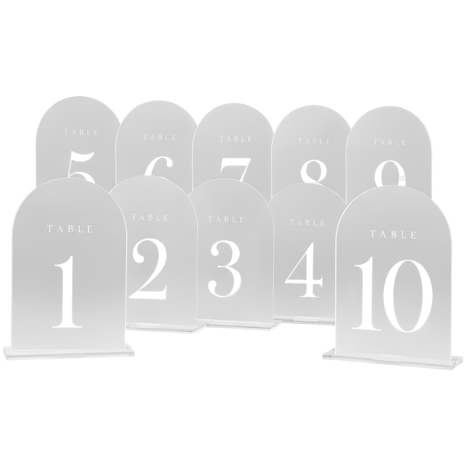 10 Stk. Frosted Arch Tischnummern für Hochzeitsempfang, Acryl Tischnummern 1 bis 10 mit Ständer, matte Bogen Acryl Schilder und Tischnummernhalter für Partys, Bankette und Feiern