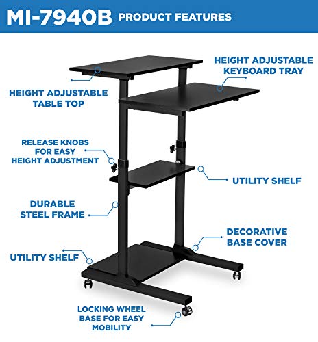 Mount-It! Mobile Standing Desk/Height Adjustable Stand Up Computer Work Station | Rolling Presentation Cart With 27.5 Inch Wide Platform, Locking Wheels #TOP5