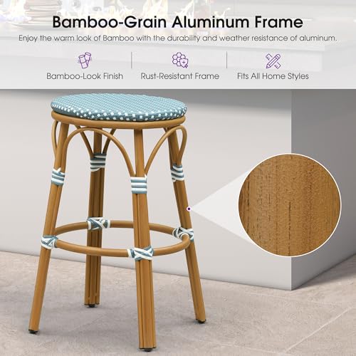 Image of PURPLE LEAF Outdoor French Round Bar Stool Set of 2 Large 30 inch Armless Handwoven Rattan Wicker Barstools with Bamboo Print Aluminum Frame Footrest for Patio Restaurant Bistro Soft Blue