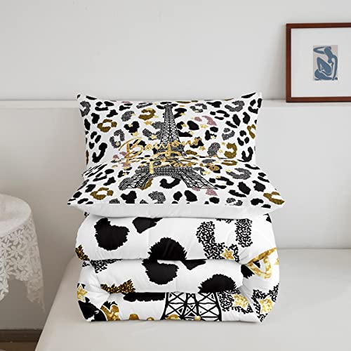 Image of Feelyou Eiffel Tower Comforter Set Leopard Print Bedding Set for Kids Boys Girls Paris Tower Comforter Cheetah Print Quilt Set 1 Comforter Set with 2 Pillowcases Full Size