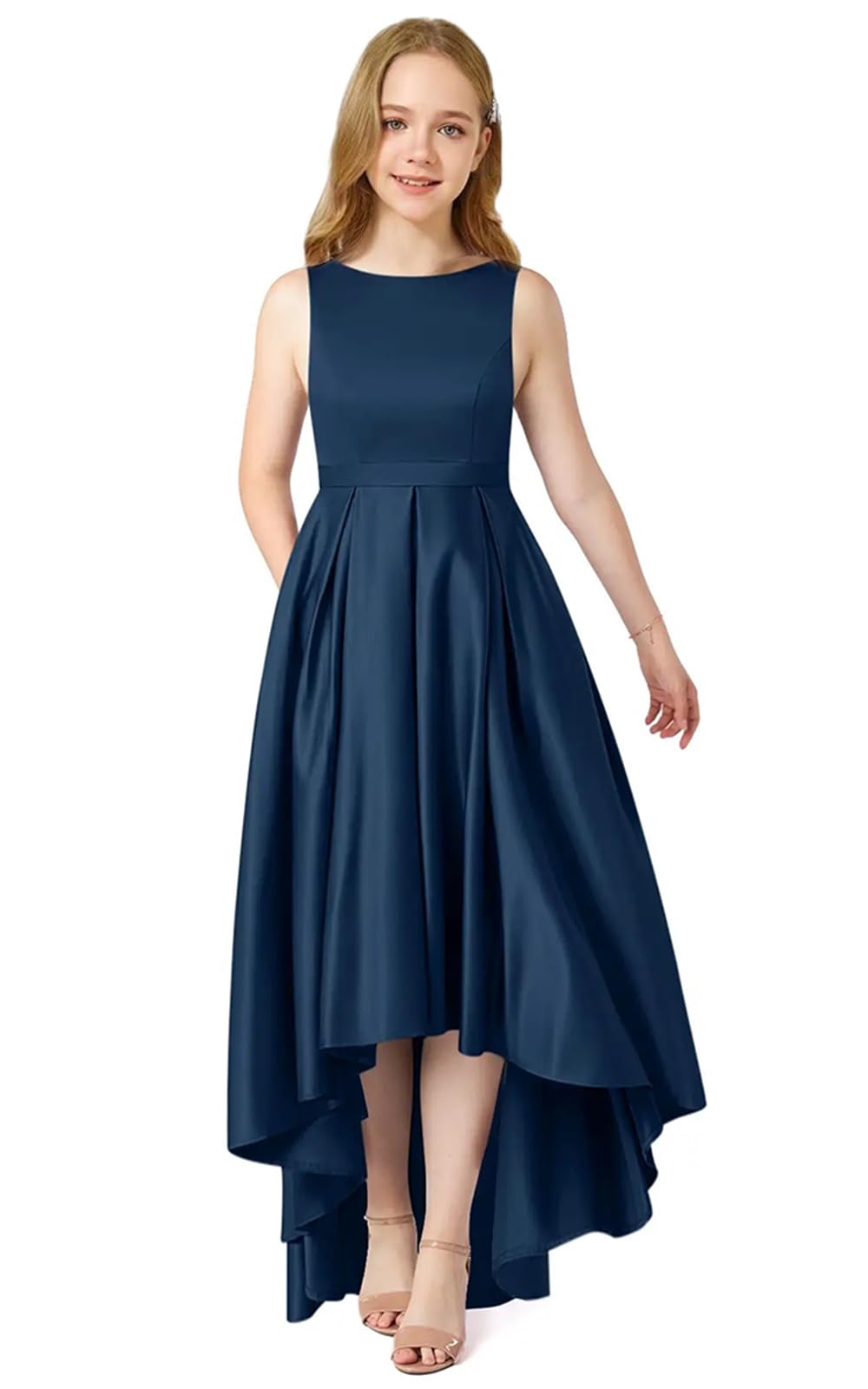 Augday 2025 Stretch Satin Junior Bridesmaid Flower Girl Dresses Boat Neck, High-Low with Pocket for Weddings,Prom