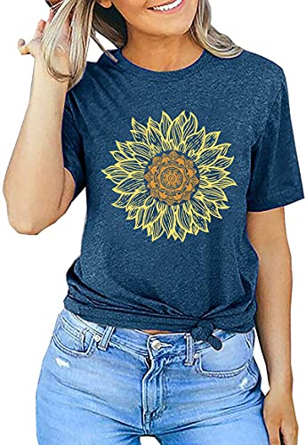 Sunflower Shirts For Women Flower Graphic Tees Shirts Inspirational Tees Casual Faith Shirt Tops (Blue, Medium) #TOP2