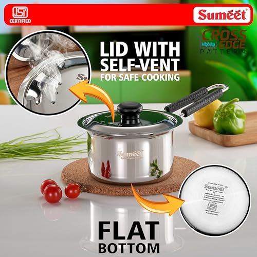 Image of Sumeet ISI Certified HeavyPly Premium Stainless Steel Small Size Cross Edge Induction & Gas Stove Friendly Saucepan /Milk Pan /Tea Maker with Lid - 600ml
